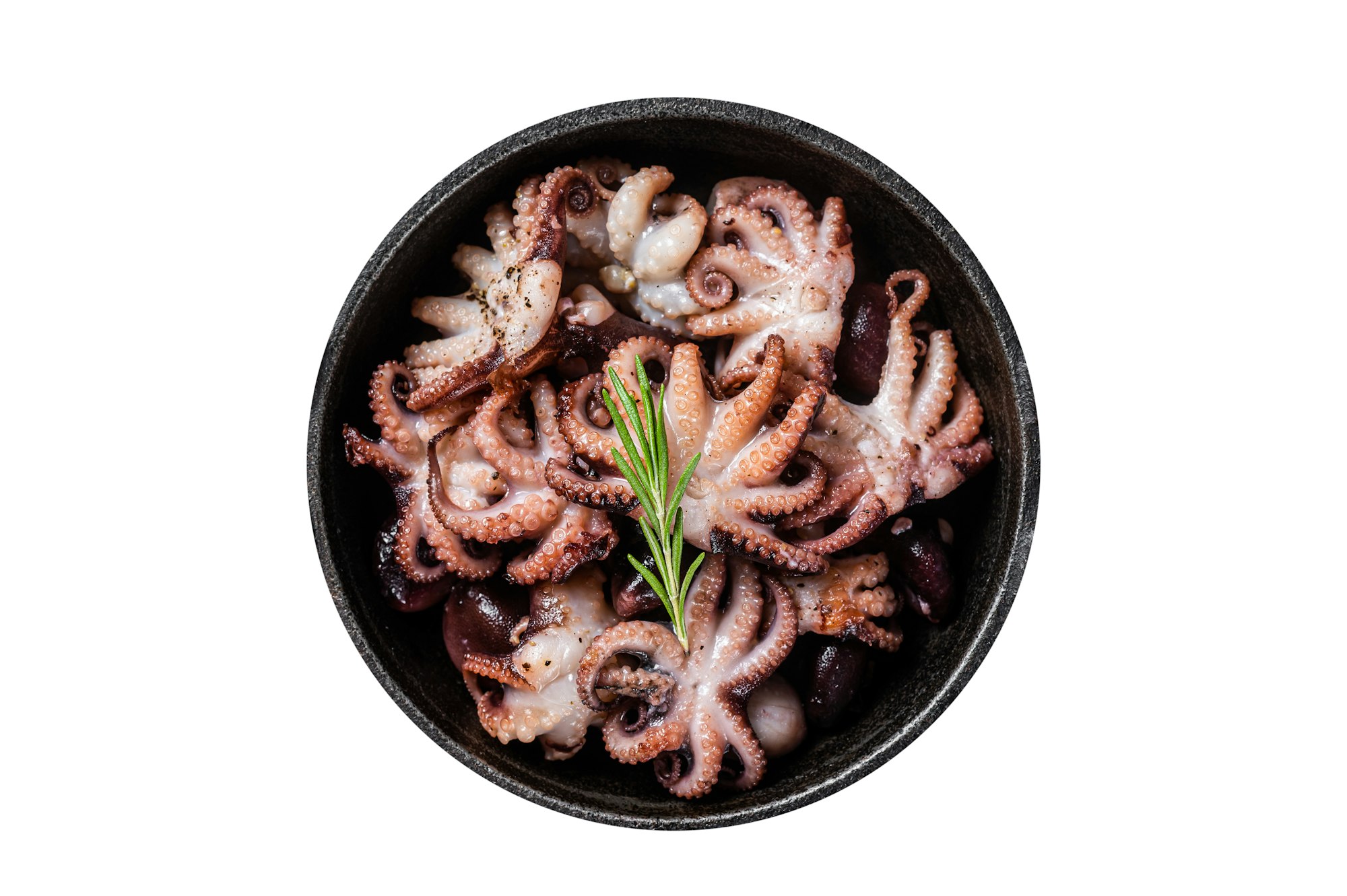 Fried baby octopuses in a skillet with herbs. Isolated on white background.